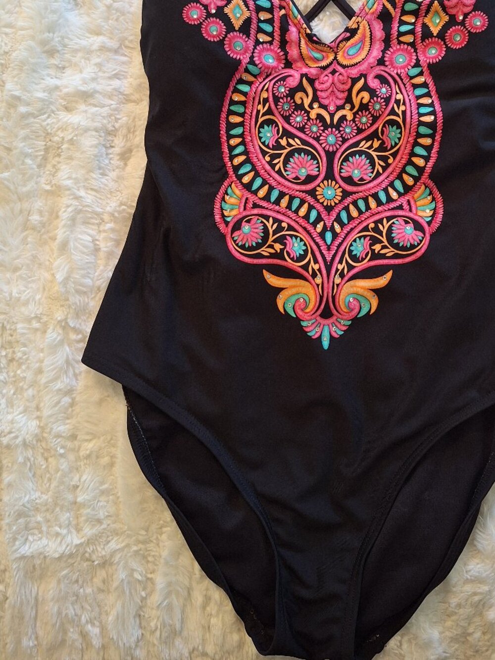 Black One Piece Swimsuit With Pink Multicolor And Rhinestone Front Detailing